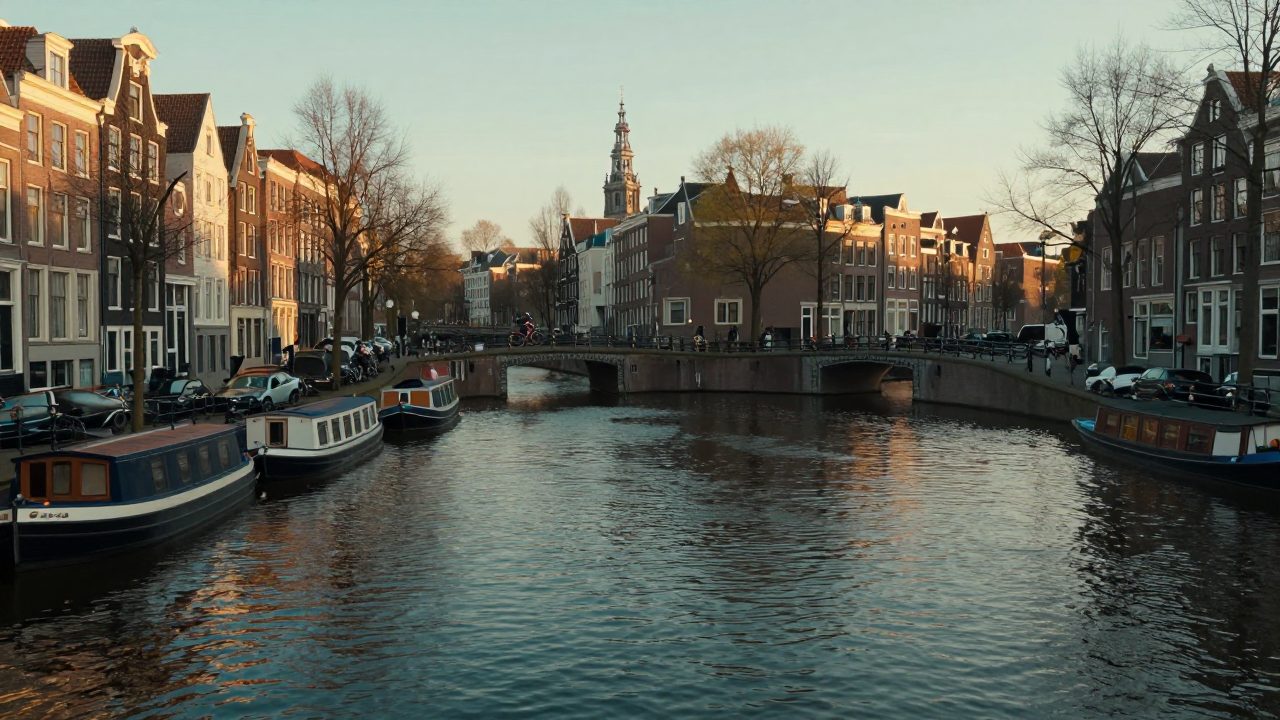 Gracht met brug en fietsers bij zonsondergang in Amsterdam.
