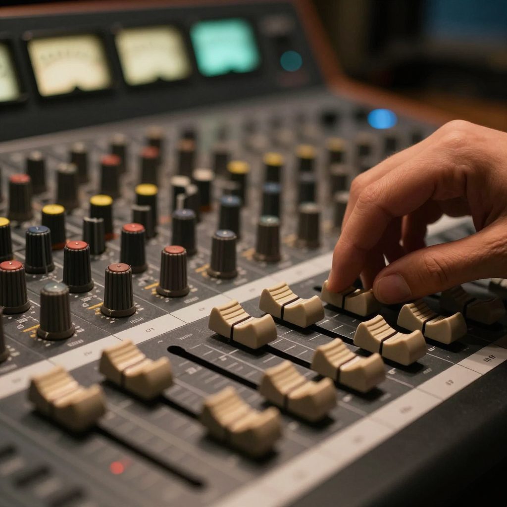 Hand beweegt een fader op een analoge mengtafel met warm licht.