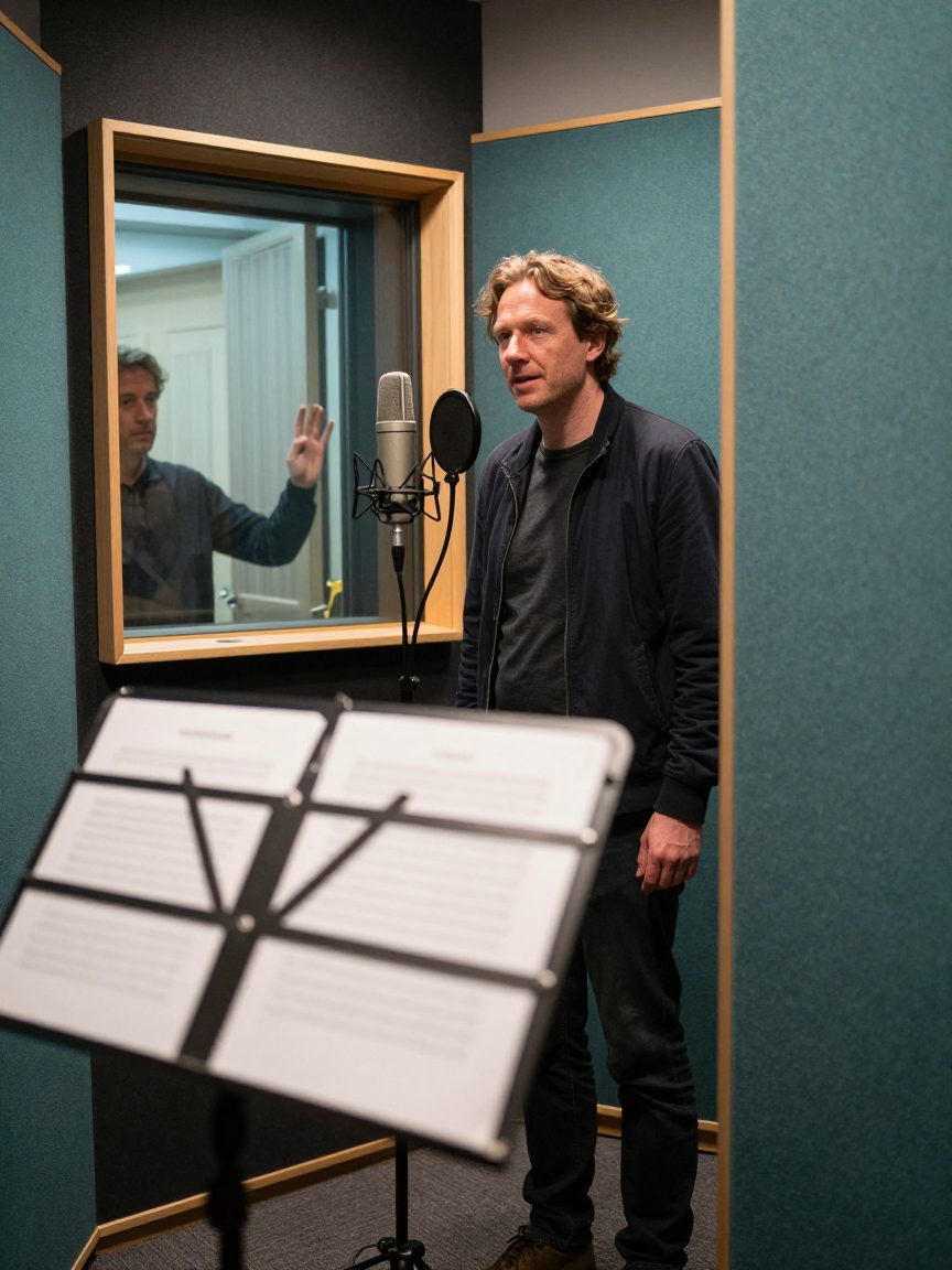 Voice-over artiest leest in booth terwijl engineer door het raam signaleert.