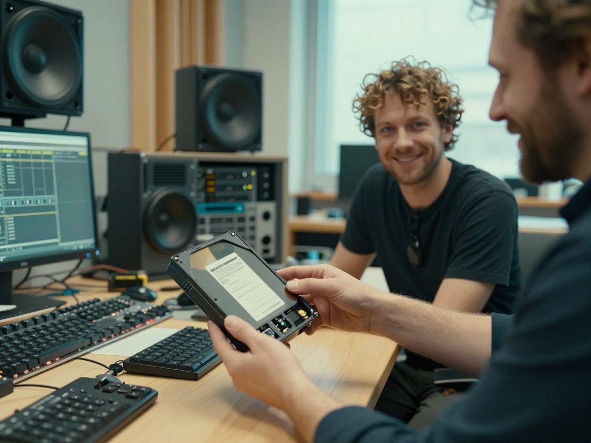 Engineer overhandigt een harde schijf aan klant aan de studio-balie.