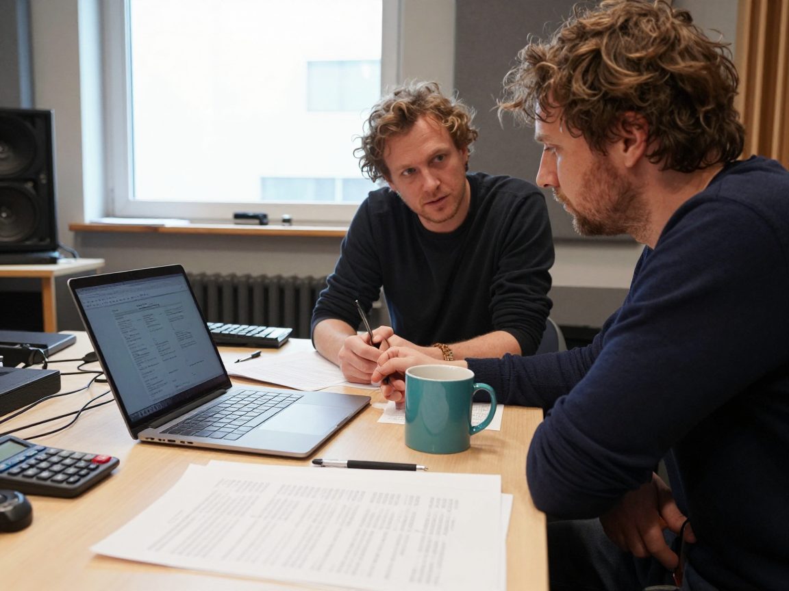 Musici en engineer bespreken een project aan een tafel in de studio.