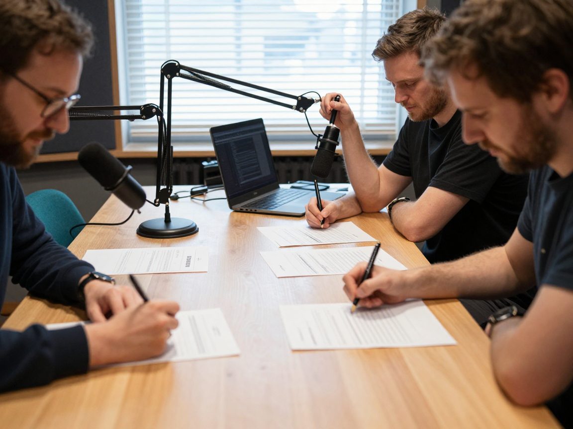 Podcastmakers tekenen formulieren aan tafel met engineer bij microfoon.
