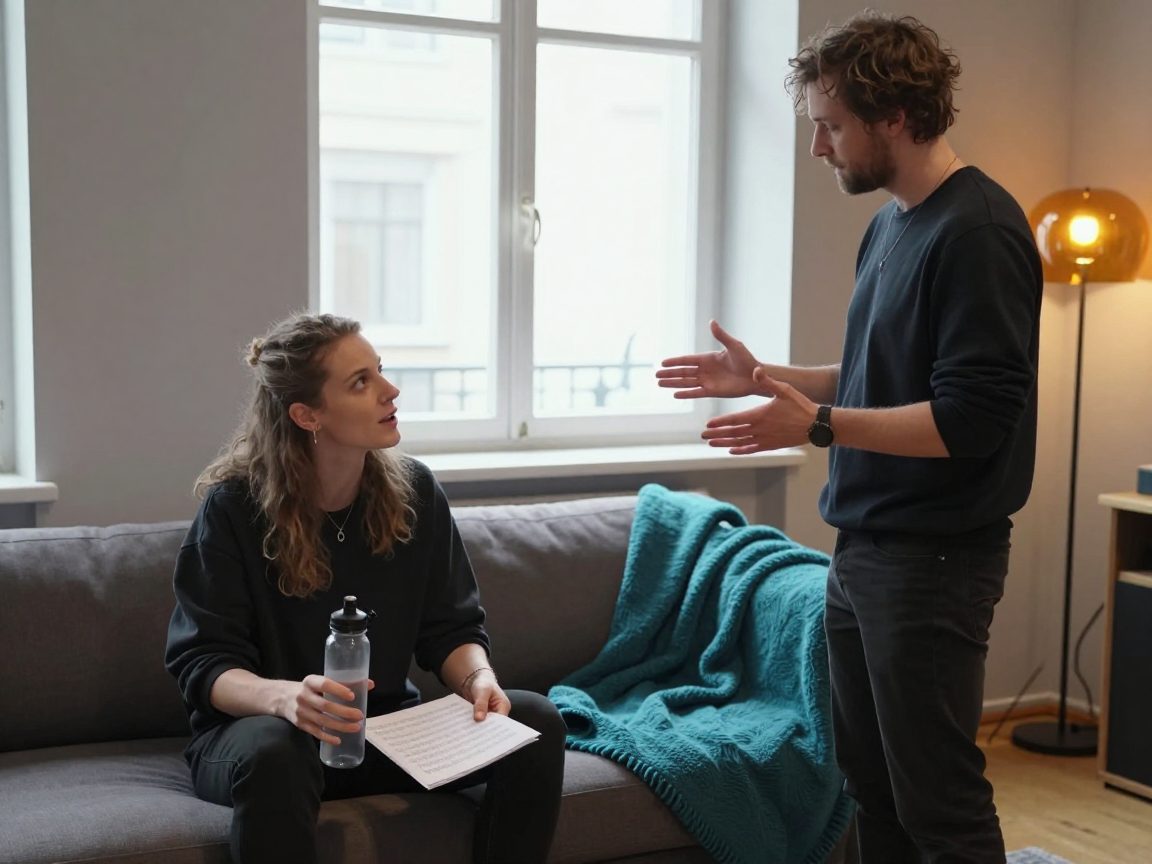 Zangeres drinkt water op een bank terwijl coach haar begeleidt.