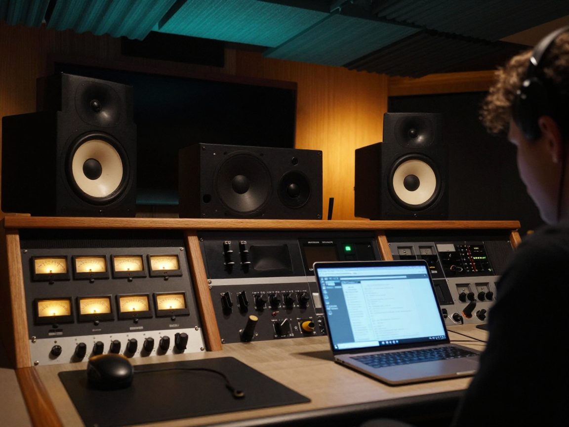 Mastering engineer zit tussen monitors en outboard in een gedimde suite.