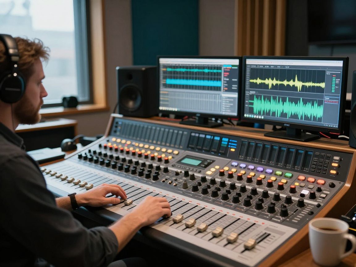 Mix engineer werkt aan een mengtafel met monitors in een rustige studio.