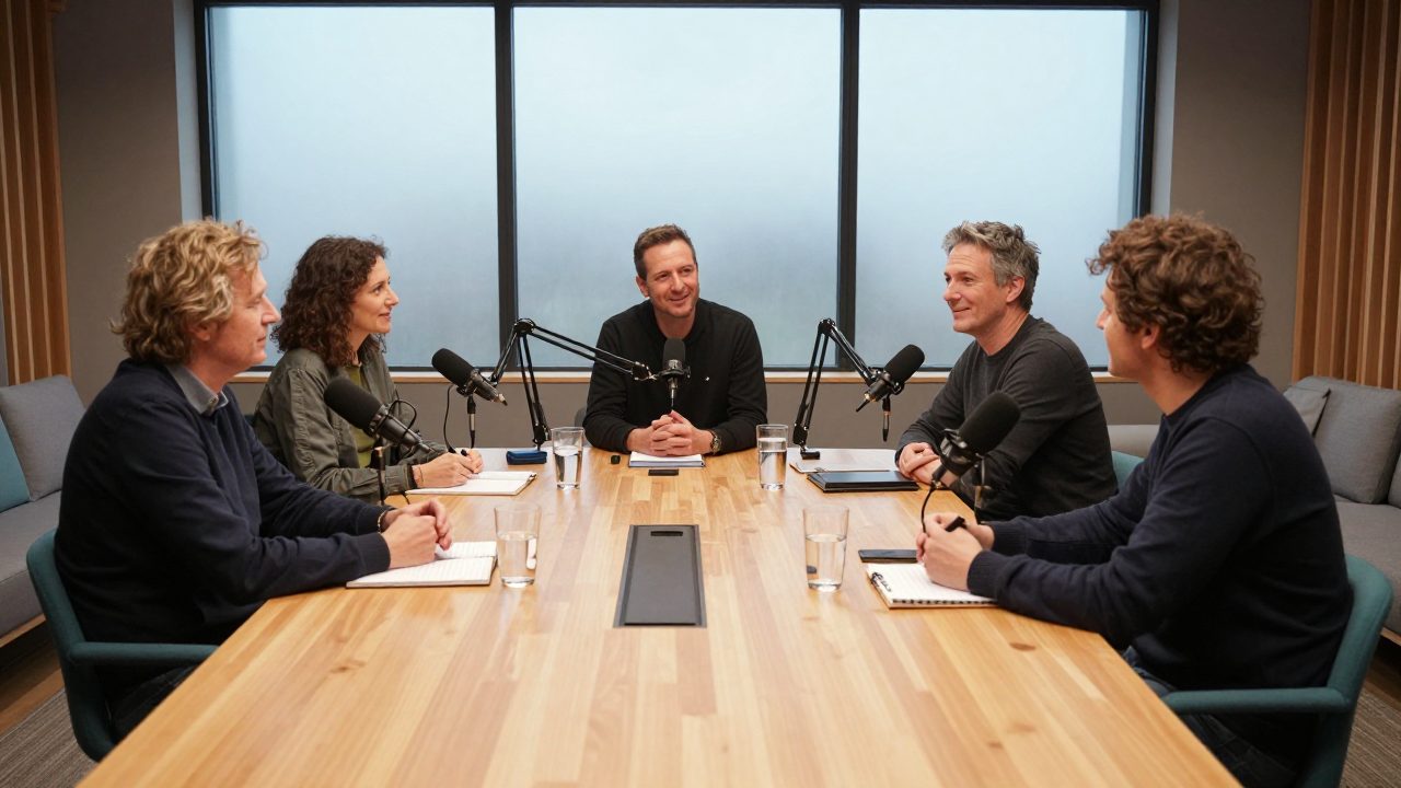 Drie gasten praten aan een podcasttafel met microfoons in een lichte studio.