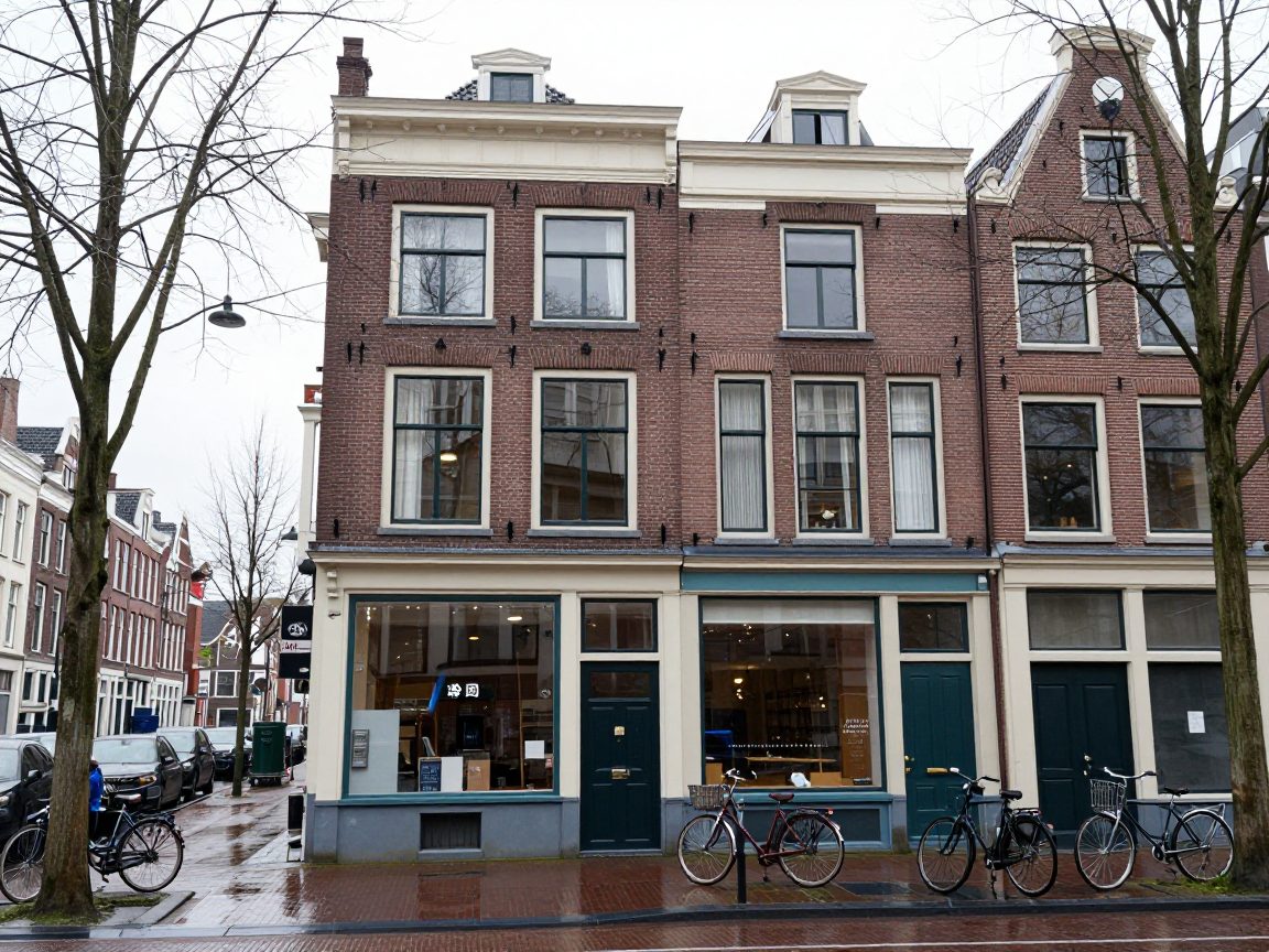 Gevel van een bakstenen pand met studio-ingang aan een Amsterdamse straat.