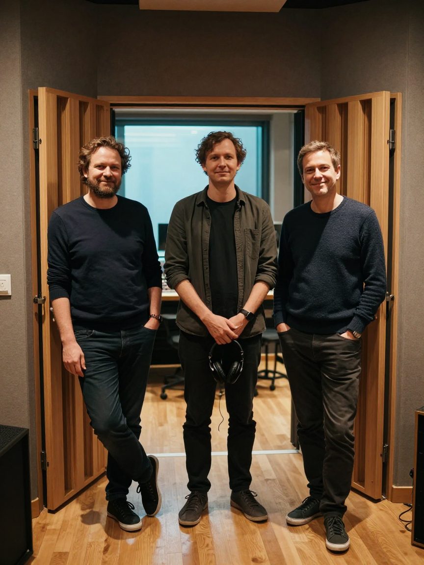 Drie teamleden staan in de gang van de opnamestudio met koptelefoon.