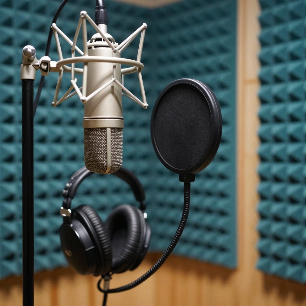 Close-up van microfoon en popfilter in een behandelde vocal booth.
